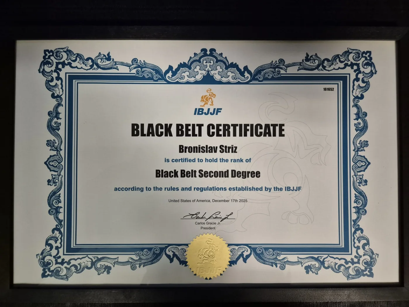 IBJJF second-degree black belt certificate preview