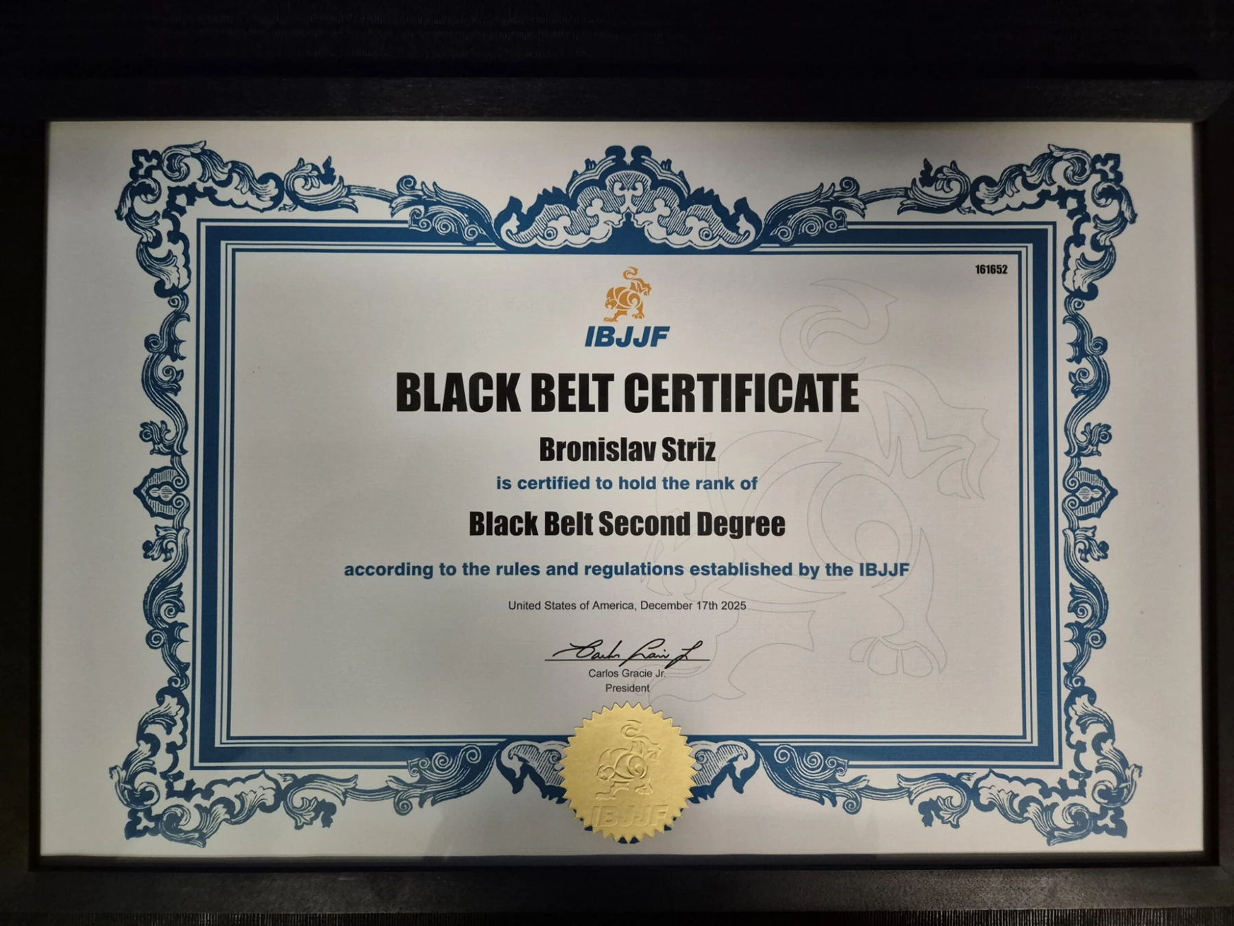 IBJJF second-degree black belt certificate